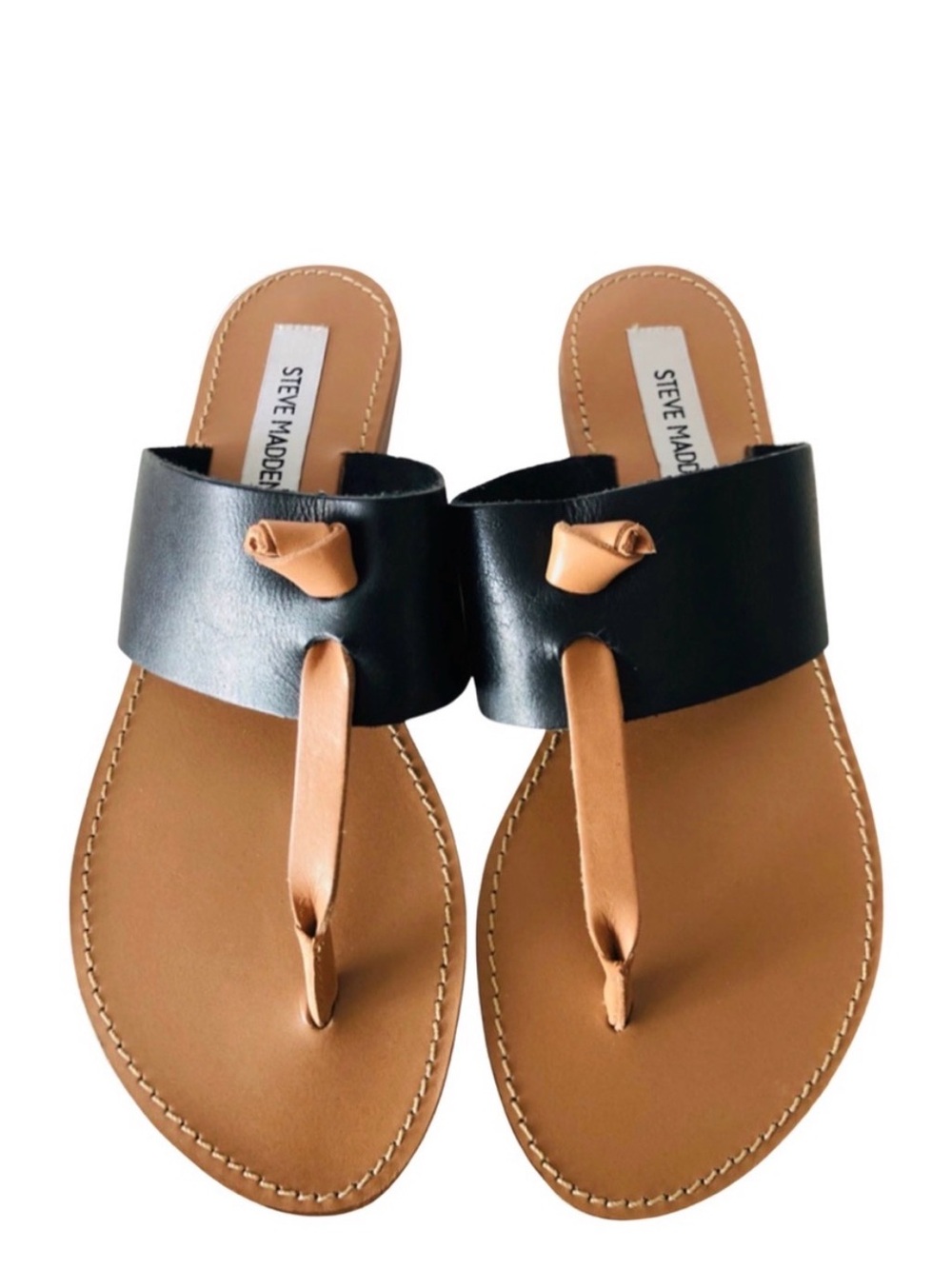 Steve Madden Black Wide Strap Tan Toe-Post Sandals 5.5